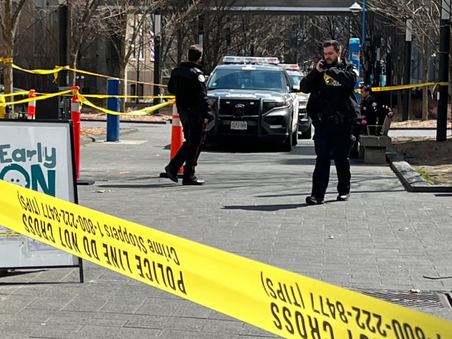 Toronto police on scene at Toronto Metropolitan University Tuesday, April 15, 2025. Police said multiple people were hurt following a hit and run at the campus in the afternoon.