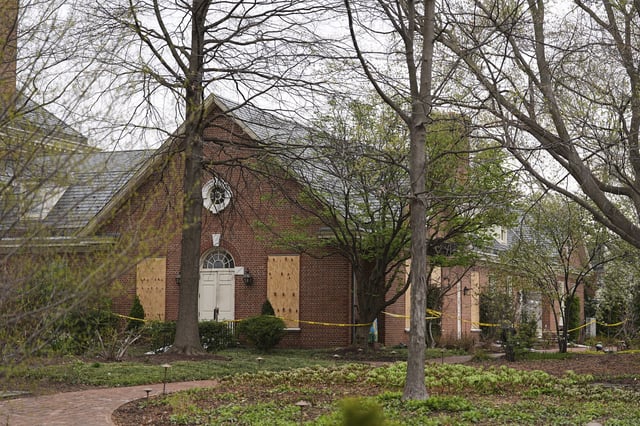 The aftermath of a fire can be seen at Pennsylvania governor's official residence in Harrisburg, Pa., Monday, April 14, 2025. (AP Photo/Matt Rourke)