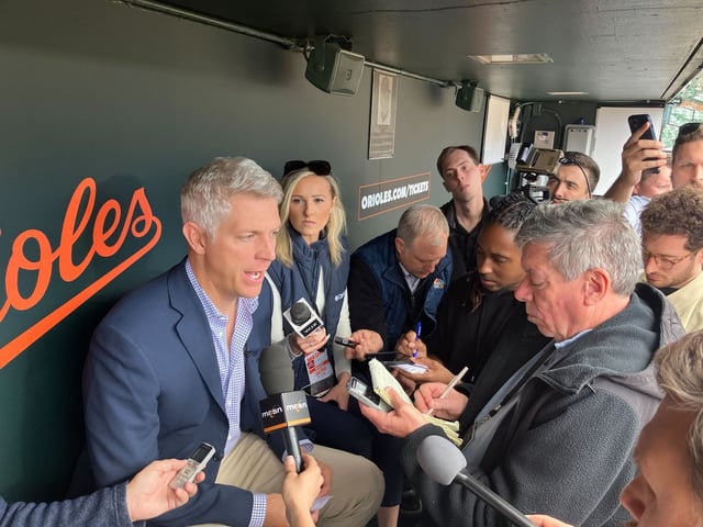 Orioles general manager Mike Elias meets with the media amid the team&#39;s sluggish start to the 2025 season. (Jacob Calvin Meyer/Staff)