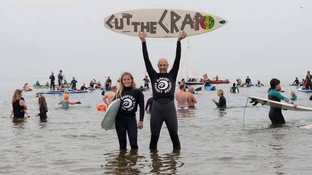 Surfers Against Sewage staged a “paddle-out protest” at Portobello beach to draw attention to sewage being dumped in waterways across the UK