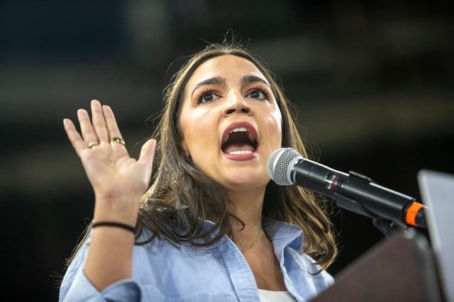 Rep. Alexandra Ocasio-Cortez, D-N.Y., speaks during a "Fighting Oligarchy" event at the Ford Idaho Center in Nampa, Idaho, on Monday, April 14, 2025.