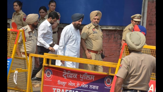 LoP Partap Singh Bajwa arrives at the cyber cell office for questioning in Mohali on Tuesday. (HT)