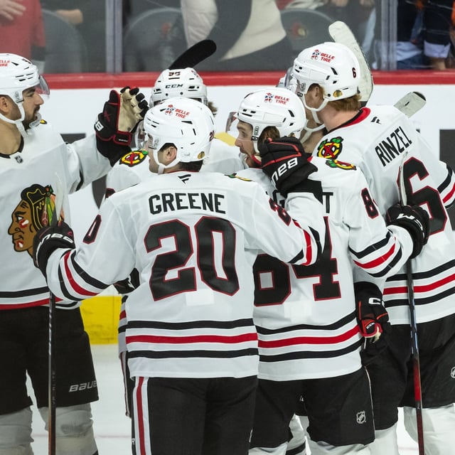 Apr 15, 2025; Ottawa, Ontario, CAN; The Chicago Blackhawks celebrate a goal scored by center Frank Nazar (91) in overtime against the Ottawa Senators at the Canadian Tire Centre. Mandatory Credit: Marc DesRosiers-Imagn Images