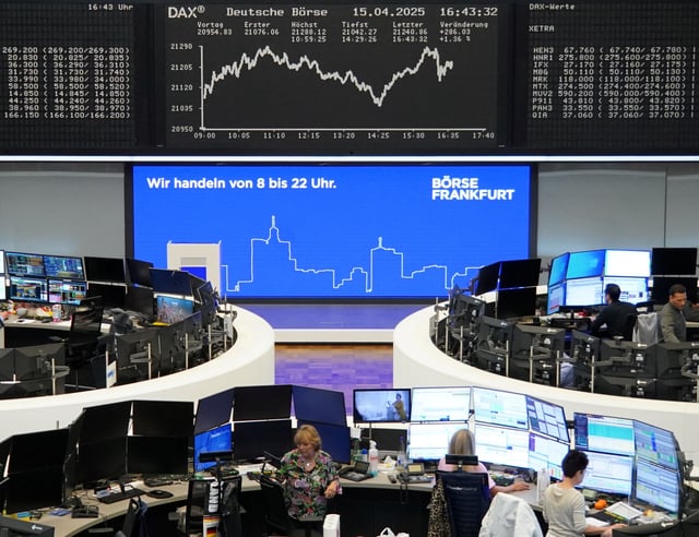 The German share price index DAX graph is pictured at the stock exchange in Frankfurt, Germany, April 15, 2025.   REUTERS/staff/File Photo