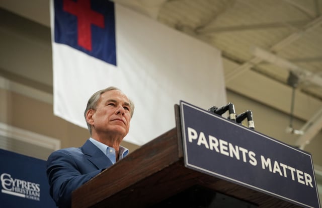 Gov. Greg Abbott speaks about a school voucher plan during a rally Tuesday March 21, 2023, at Cypress Christian School in Houston. 