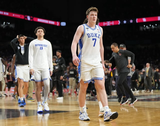 Apr 5, 2025; San Antonio, TX, USA; Duke Blue Devils guard Kon Knueppel (7) walks off the court after losing to the Houston Cougars in the semifinals of the men's Final Four of the 2025 NCAA Tournament at the Alamodome. Mandatory Credit: Robert Deutsch-Imagn Images/ File Photo
