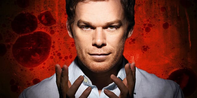 Custom image of Dexter with his hands up in front of a bloody background