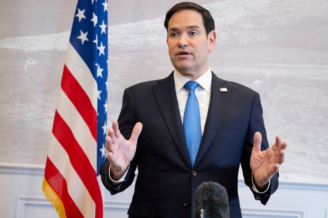 U.S. Secretary of State Marco Rubio speaks to the media during a refueling stop at Shannon Airport in Shannon, Ireland, March 12, 2025, as he travels from talks with Ukraine in Saudi Arabia to attending a G7 Foreign Ministers meeting in Canada. SAUL LOEB/Pool via REUTERS/File Photo