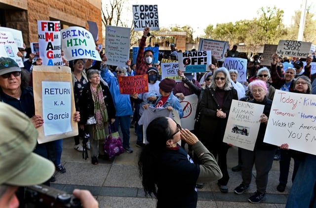 Viviana Lozano, center, of Prince George’s County, leads supporters of Kilmar Abrego Garcia in a protest outside the Federal Court in Greenbelt, MD. Garcia is the man who was deported to El Salvador’s CECOT mega-prison. (Kenneth K. Lam/Staff)