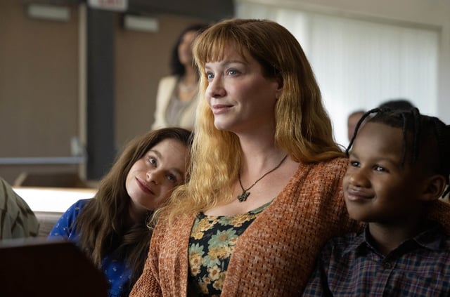 (L-R)) Imogen Faith Reid as Natalia Grace, Christina Hendricks as Cynthia Mans and Jahaan Ebanks as Jacob Barnett in Good American Family.
