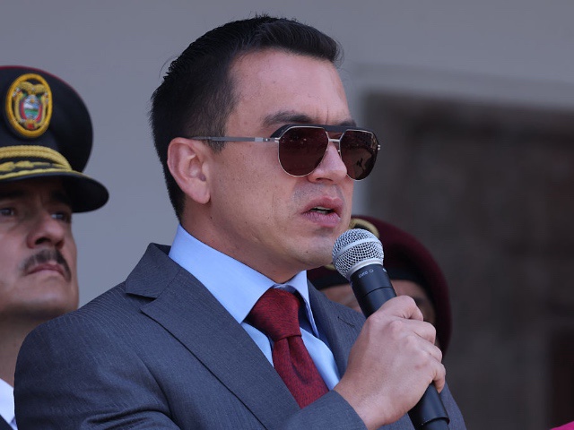QUITO, ECUADOR - APRIL 15: President of Ecuador Daniel Noboa (C) of the National Democratic Action (ADN) political movement speaks to supporters during the Changing of the Guard ceremony at Carondelet Presidential Palace on April 15, 2025 in Quito, Ecuador. President Noboa was reelected with 55.6% of the votes after a runoff against Luisa Gonzalez. Noboa will start a complete 4-year term on May 24th after being in office for only 17 months due to President Guillermo Lasso "cross death" call to dissolve parliament and early elections.