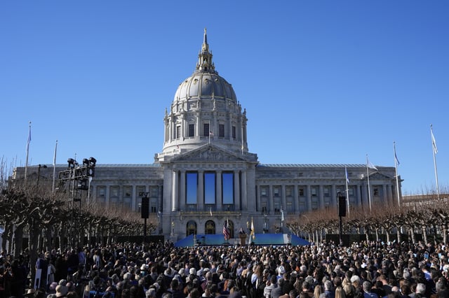 FILE - The crowd watches as Mayor Daniel Lurie, center, delivers his inaugural address outside City Hall, Wednesday, Jan. 8, 2025, in San Francisco. (AP Photo/Godofredo A. Vásquez, File)