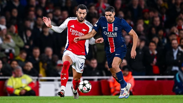 Le PSG d’Achraf Hakimi (à droite) retrouvera Mikel Merino et les Gunners en demi-finales de Ligue des champions.