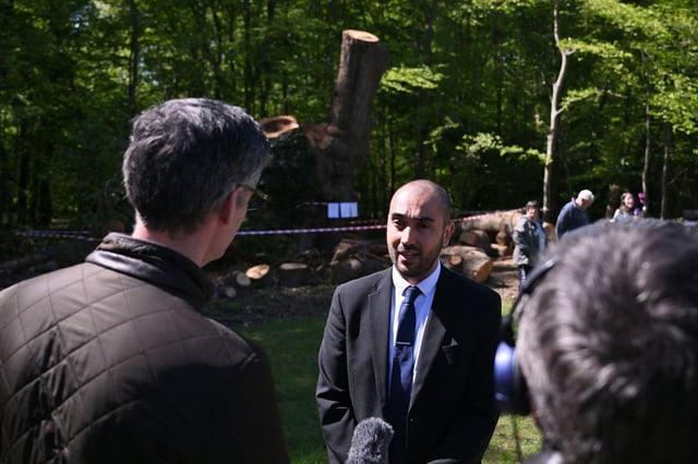 Ergin Erbil, leader of the Enfield Council that owns the oak tree that had been cut down by a Toby Carvery, speaks to media in Enfield, London, on April 16, 2025.