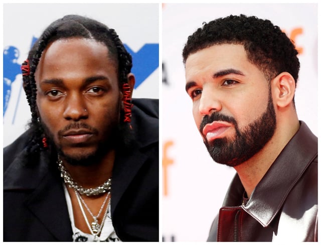 Rappers Kendrick Lamar (L) and Drake are pictured in Inglewood, California, U.S., on August 27, 2017 and in Toronto, Ontario, Canada, September 9, 2017 respectively in this combination photo. REUTERS/Danny Moloshok (L) and REUTERS/Mark Blinch/File Photo