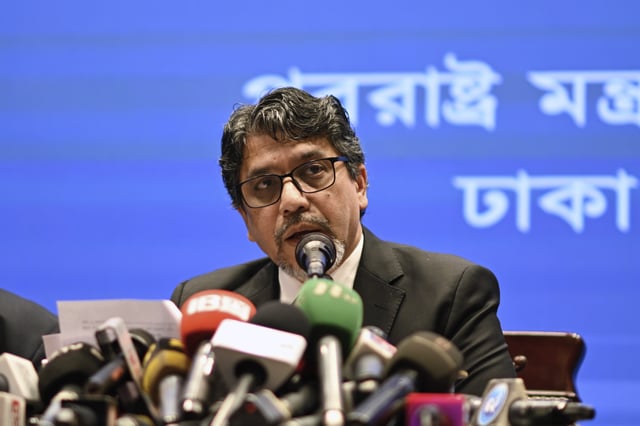 Bangladesh Foreign Secretary Md. Jashim Uddin speaks at a press conference following his bilateral meeting with Pakistan Foreign Secretary Amna Baloch in Dhaka, Bangladesh, Thursday, April 17, 2025. (AP Photo/Mahmud Hossain Opu)