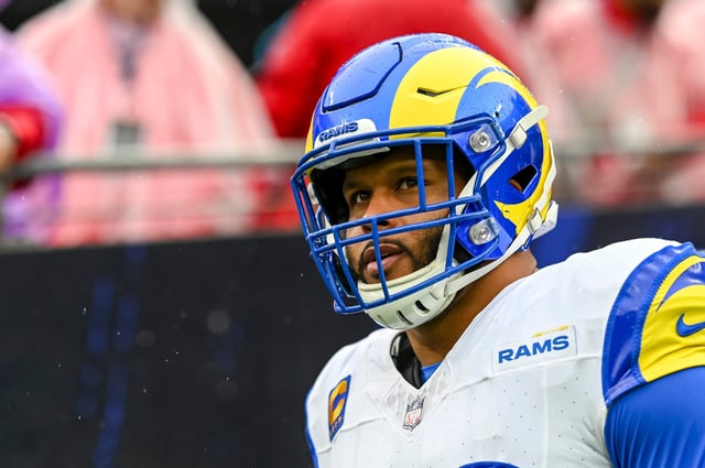 Rams defensive tackle Aaron Donald (99) before a game against the Ravens at M&T Bank Stadium in Baltimore on Dec. 10, 2023.