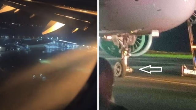 Passengers captured the missing front wheel and the glow of flames rising from the plane.