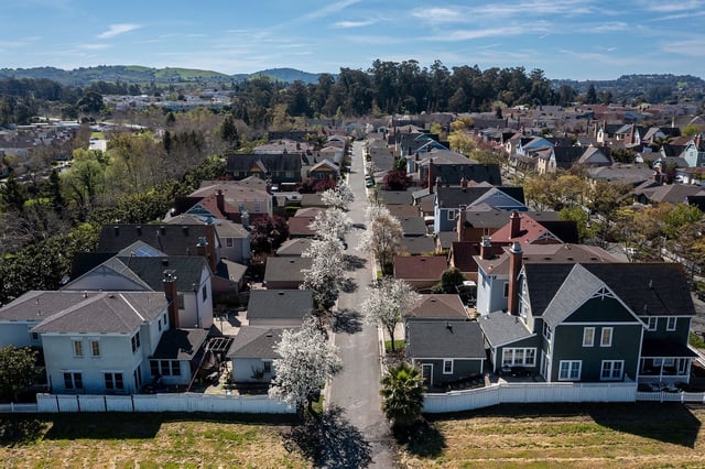 Homes in Hercules, California, on Tuesday, March 25, 2025. The Trump administration's tariffs have injected uncertainty into the bond market, impacting mortgage rates.