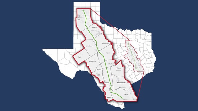 A map of the Houston-Dallas high-speed rail system, designed by Texas Central