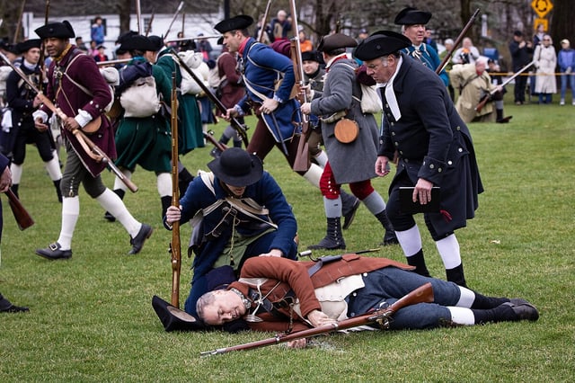 Minutemen reenactors rehearse the Battle of Lexington in Massachusetts, April 6, 2025. The battle occurred April 19, 1775, on Lexington Common, the first clash of the Revolutionary War. 