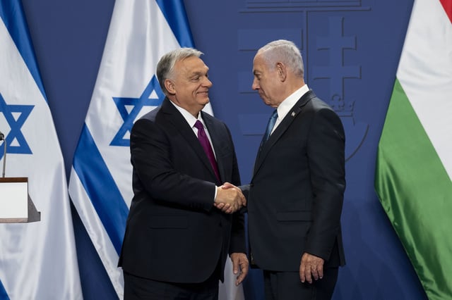 Hungarian Prime Minister Viktor Orban, left, and Israeli Prime Minister Benjamin Netanyahu, right, shake hands after a press statement at the Carmelite Monastery in the Buda Castle in Budapest, Hungary, Thursday, April 3, 2025. (AP Photo/Denes Erdos)