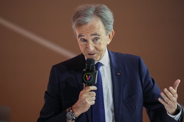 FiILE - LVMH group CEO Bernard Arnault speaks at the Vivatech show in Paris, Thursday, June 15, 2023. (AP Photo/Michel Euler, File)