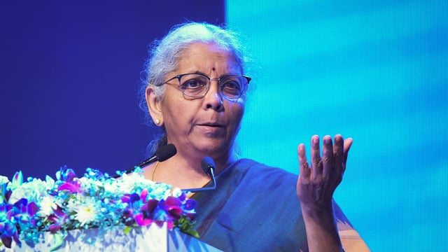 Mumbai: Union Finance Minister Nirmala Sitharaman speaks during the celebration of 150th anniversary of the BSE, in Mumbai, Thursday, April 17, 2025. (PTI Photo/Shashank Parade) (PTI04_17_2025_000236A)