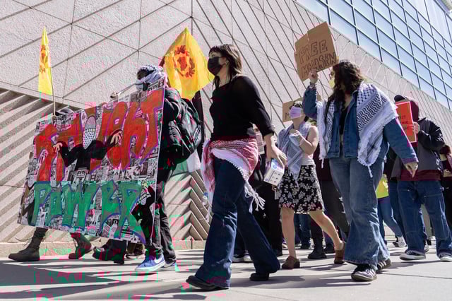 Demonstrators protest outside the Columbia University campus on the Day of Action for Higher Education, Thursday, April 17, 2025, in New York. (AP Photo/Julia Demaree Nikhinson)