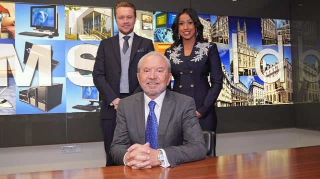 Alan Sugar with The Apprentice finalists Dean Franklin and Anisa Khan