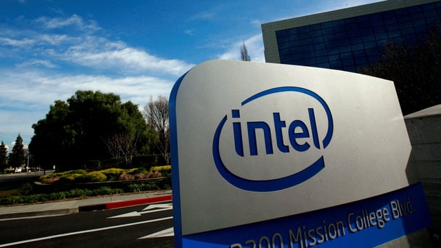 A sign is shown at the entrance to the headquarters of Intel Corporation in Santa Clara, California.