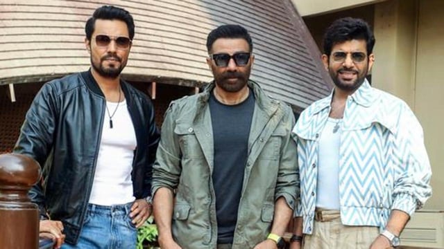 Bollywood actors Sunny Deol, Vineet Kumar Singh and Randeep Hooda pose during a launch event of the movie ‘Jaat’. (HT File)