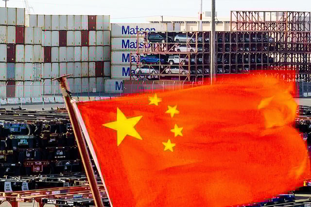 A Chinese flag flies from a ship at the Port of Oakland in Oakland, California, on Tuesday, April 15, 2025.