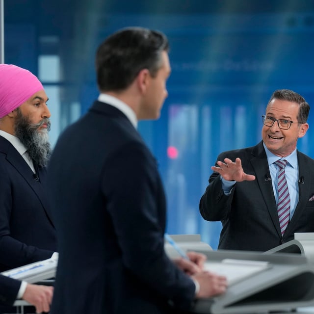 Liberal Leader Mark Carney, left to right, New Democratic Party Leader Jagmeet Singh, Conservative Leader Pierre Poilievre, and Bloc Québécois Leader Yves-François Blanchet participate in the English-language federal leaders' debate in Montreal on April 17.