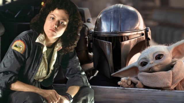 Sigourney Weaver as Ripley in Alien and The Mandalorian and Grogu in The Mandalorian