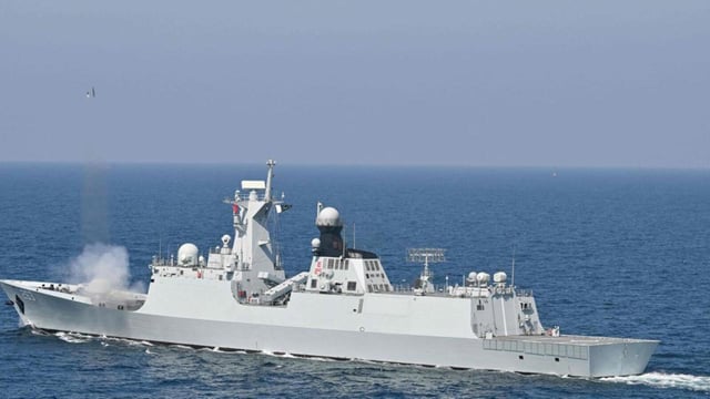 Pakistan Navy ship Tipu Sultan fires rounds during the multinational naval exercise in the Arabian Sea near Pakistan's port city of Karachi on February 10 (AFP)