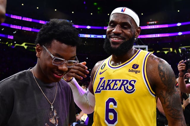 Feb 7, 2023; Los Angeles, California, USA; Los Angeles Lakers forward LeBron James (6) celebrates with his son Bryce Maximus after breaking the all-time scoring record in the third quarter against the Oklahoma City Thunder at Crypto.com Arena. Mandatory Credit: Gary A. Vasquez-USA TODAY Sports/File Photo