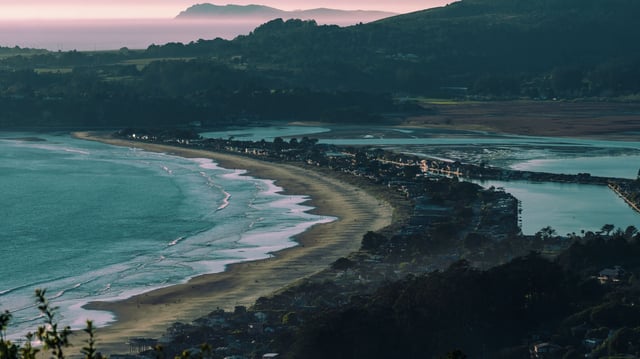 An aerial view of Stinson Beach in Marin County, Calif.