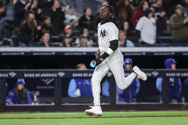 Apr 16, 2025; Bronx, New York, USA;  New York Yankees second baseman Jazz Chisholm Jr.  runs to home plate in the third inning against the Kansas City Royals at Yankee Stadium. Mandatory Credit: Wendell Cruz-Imagn Images/File Photo
