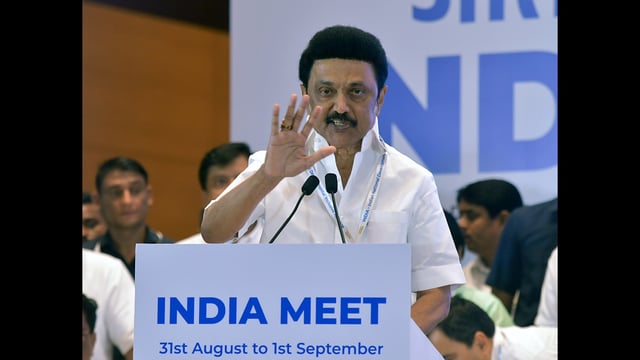 Tamil Nadu CM MK Stalin addresses during a press conference of the Opposition's Indian National Developmental Inclusive Alliance (INDIA) leaders meet, in Mumbai on Friday. (ANI)