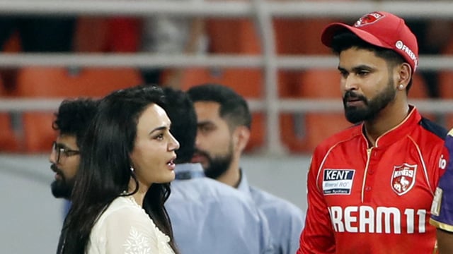 Punjab Kings' co-owner Preity Zinta in conversation with captain Shreyas Iyer