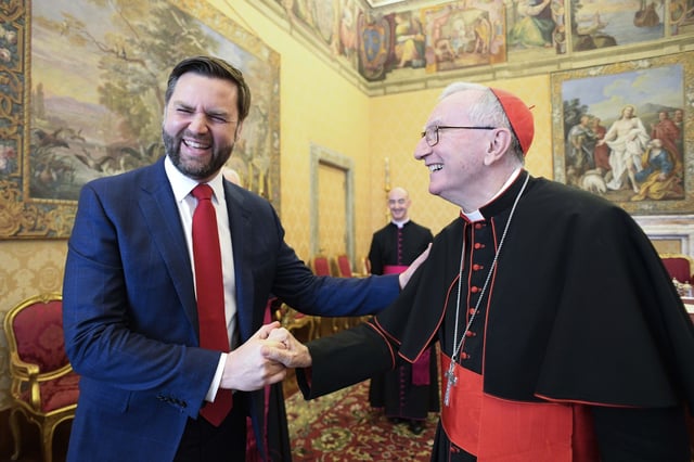Vatican Secretary of State Cardinal Pietro Parolin meets with U.S. Vice President JD Vance during an audience at the Apostolic Palac on April 19, 2025 in Vatican City, Vatican.