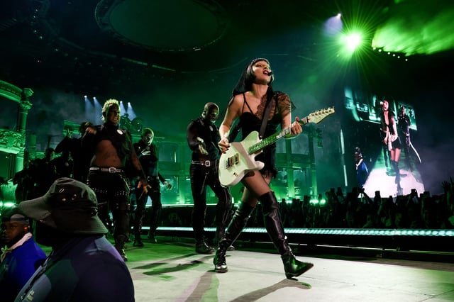 Lady Gaga performs at the Coachella Stage during the 2025 Coachella Valley Music and Arts Festival at Empire Polo Club on April 11, 2025 in Indio, California.