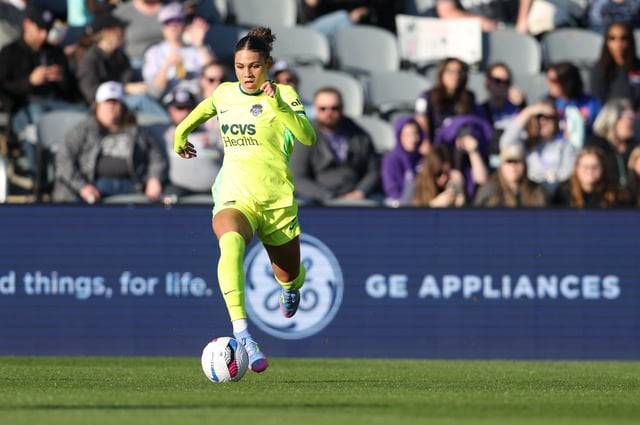 Apr 12, 2025; Louisville, Kentucky, USA;  Washington Spirit forward Trinity Rodman (2) dribbles the ball during the second half against Racing Louisville FC at Lynn Family Stadium. Mandatory Credit: EM Dash-Imagn Images/File Photo