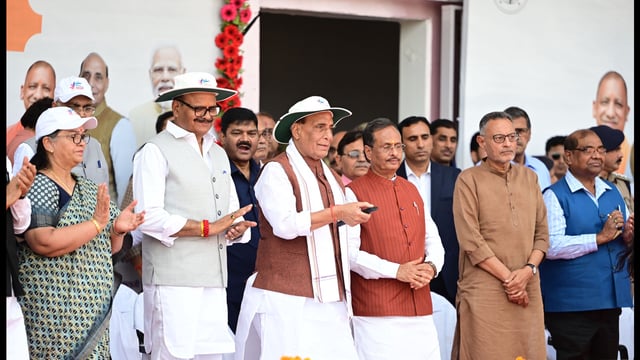 Defence minister Rajnath Singh with UP deputy CM Brajesh Pathak and others during inauguration of Sansad Khel Mahakumbh, at KD Singh ‘Babu’ Stadium, in Lucknow on Saturday. (Deepak Gupta/HT photo)