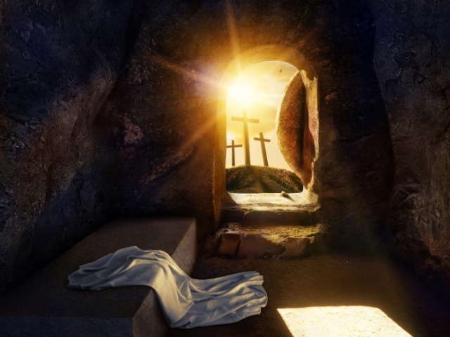 He is Risen. Empty Tomb With Shroud. Crucifixion at Sunrise. -3d rendering. - Illustration, Getty Images/Stock/TanyaSid