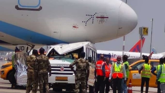 A tempo traveler crashed into parked IndiGo aircraft in Bengaluru airport