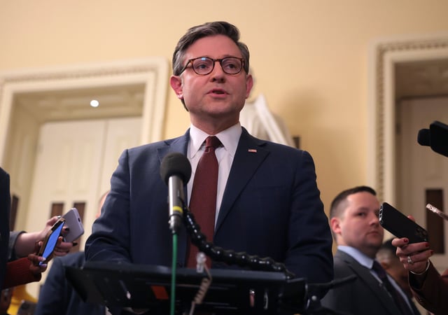 House Speaker Mike Johnson delivers remarks at the US Capitol in Washington, DC, on February 25, 2025.
