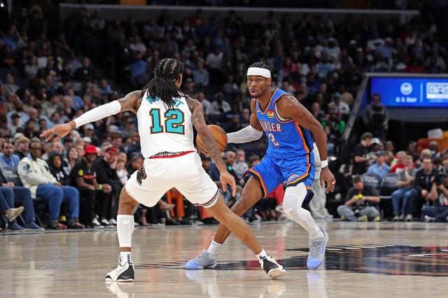 Shai Gilgeous-Alexander #2 of the Oklahoma City Thunder handles the ball against Ja Morant #12 of the Memphis Grizzlies at FedExForum on February 08, 2025 in Memphis, Tennessee.