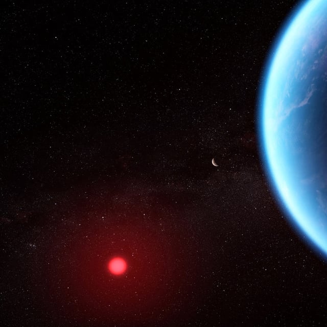An artist's concept shows what exoplanet K2-18 b could look like based on science data.